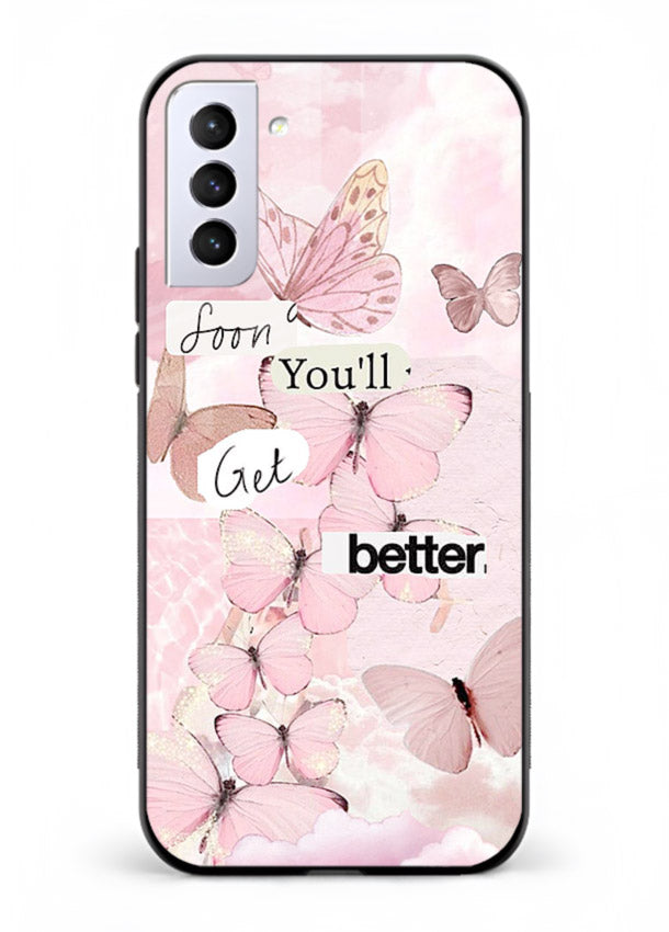 Healing butterfly artwork printed on Samsung S21 FE glass back cover with warm pastel tones.