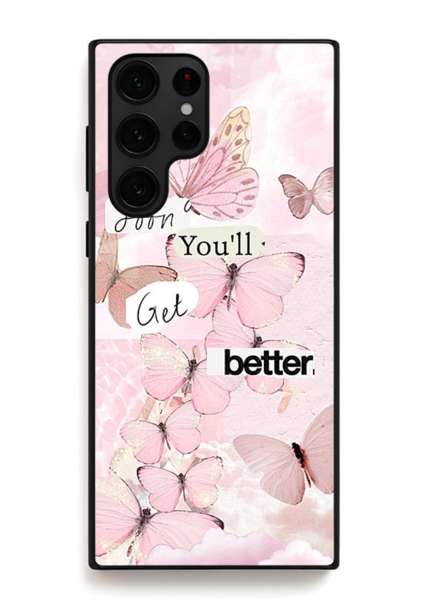 Healing butterfly artwork printed on Samsung S24 Ultra glass back cover with warm pastel tones.