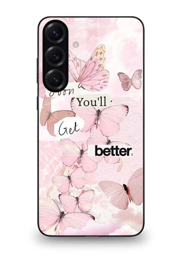Healing butterfly artwork printed on Samsung S24 FE glass back cover with warm pastel tones.