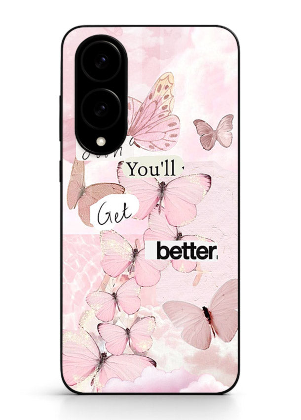 Healing butterfly artwork printed on Samsung S25 Edge glass back cover with warm pastel tones.