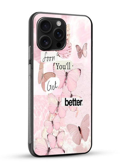Healing butterfly artwork printed on glossy vibrant premium glass back cover with warm pastel tones. - Angle Side