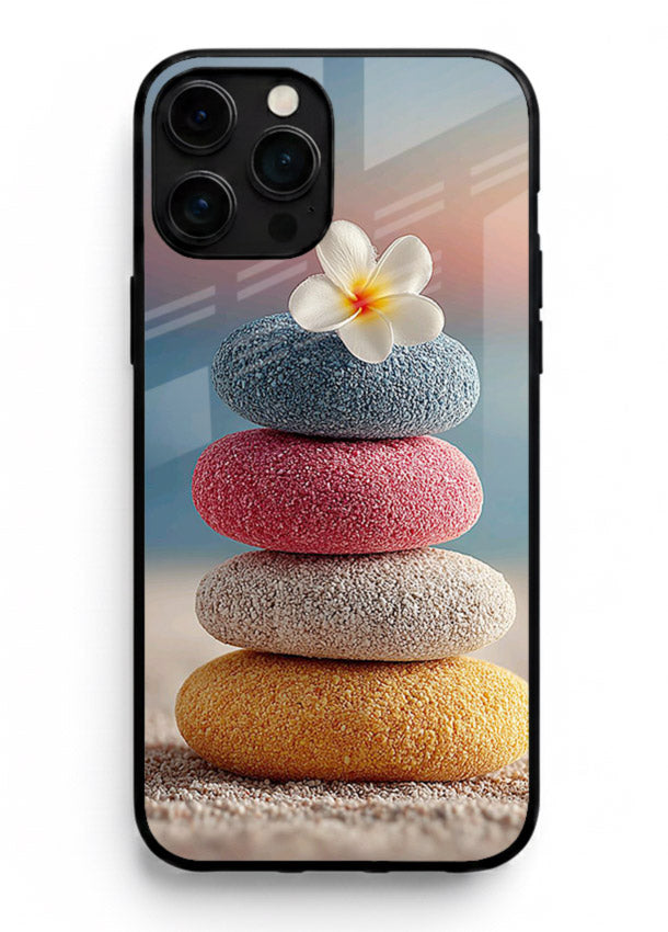 Zen stone botanical artwork on iphone 15 pro max glass back cover with calming minimal tones.