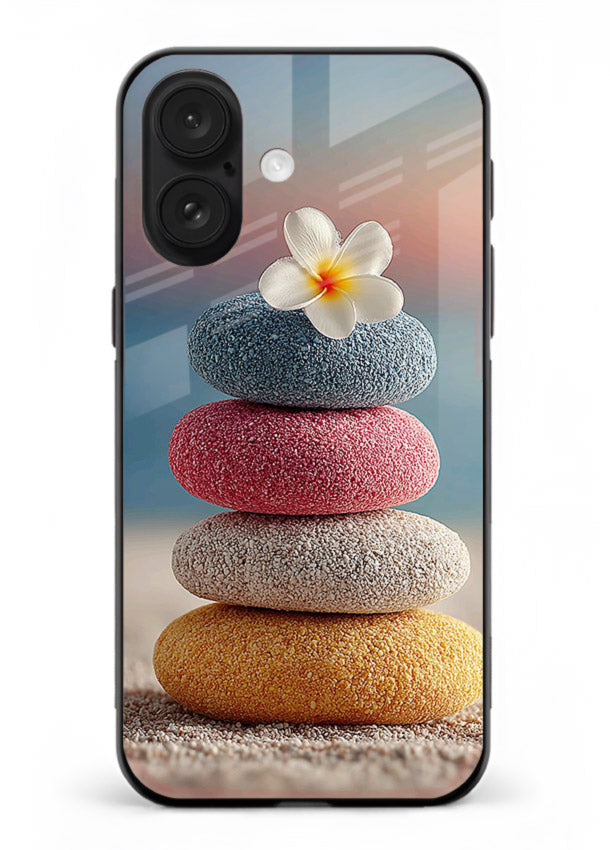 Zen stone botanical artwork on iphone 16 glass back cover with calming minimal tones.