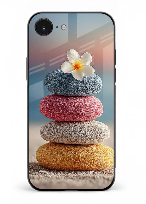 Zen stone botanical artwork on iphone 16e glass back cover with calming minimal tones.