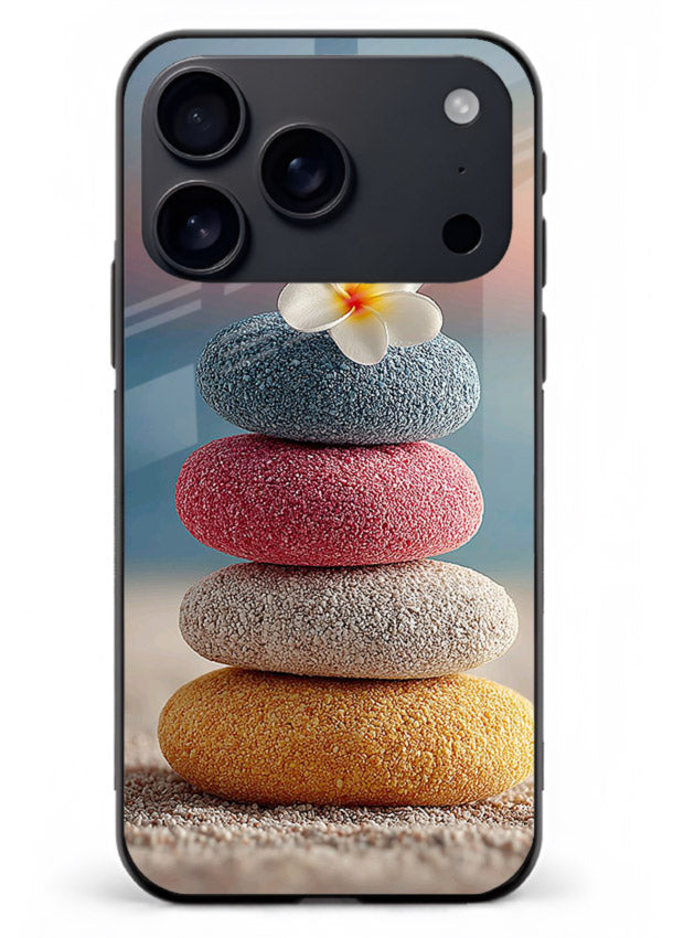 Zen stone botanical artwork on iphone 17 pro max glass back cover with calming minimal tones.