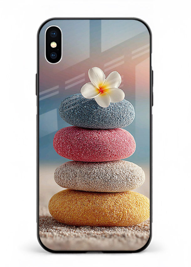 Zen stone botanical artwork on iphone xs max glass back cover with calming minimal tones.
