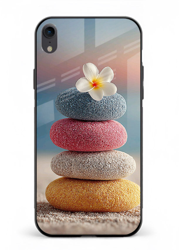 Zen stone botanical artwork on iphone xr glass back cover with calming minimal tones.