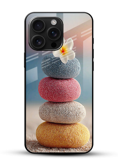 Zen stone botanical artwork on glossy vibrant premium glass back cover with calming minimal tones. - Angle Front