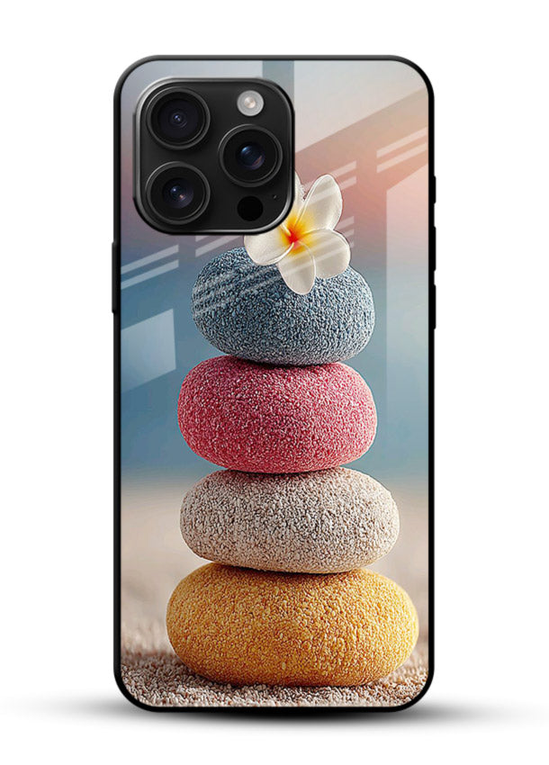 Zen stone botanical artwork on glossy vibrant premium glass back cover with calming minimal tones. - Angle Front