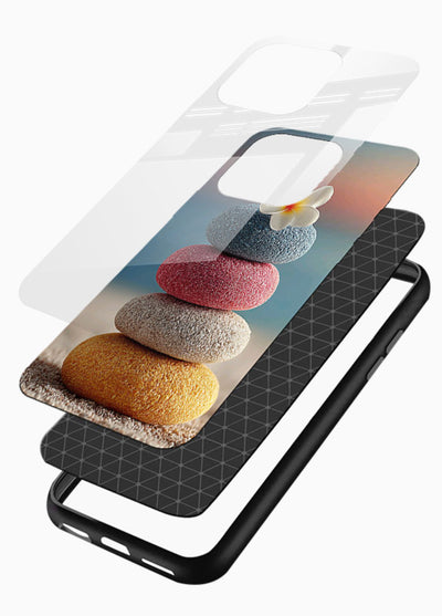 Zen stone botanical artwork on glossy vibrant premium glass back cover with calming minimal tones. - Angle Layers