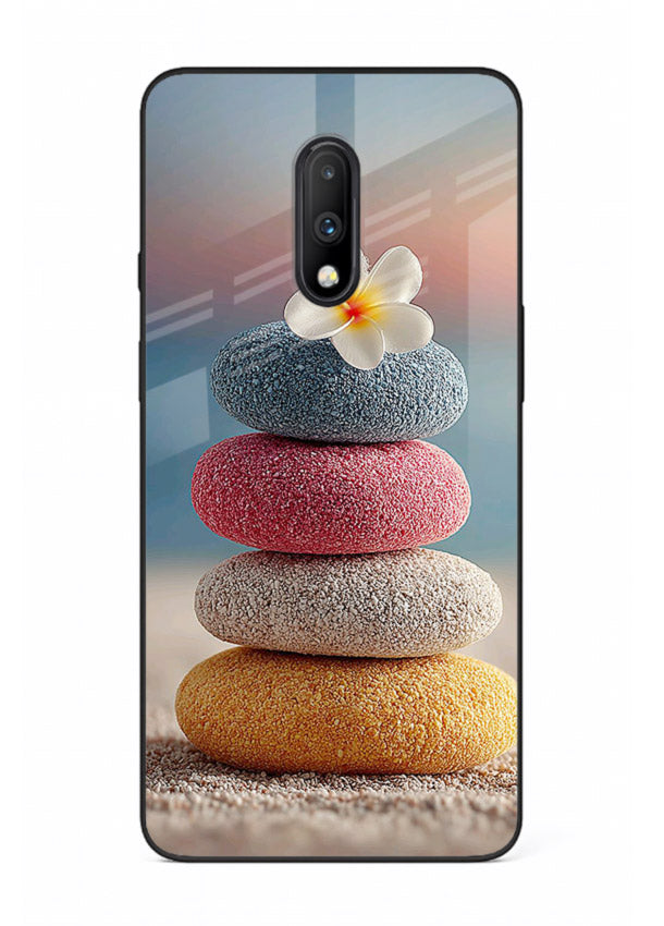 Zen stone botanical artwork on OnePlus 10R glass back cover with calming minimal tones.