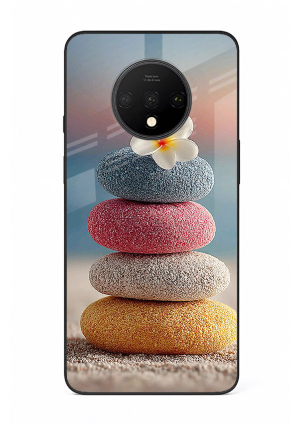 Zen stone botanical artwork on OnePlus 7T glass back cover with calming minimal tones.