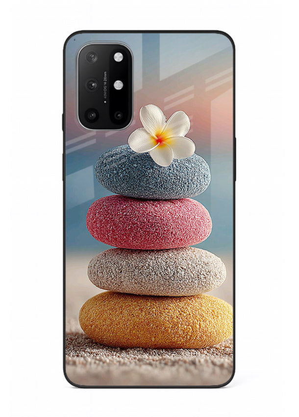 Zen stone botanical artwork on OnePlus 8T glass back cover with calming minimal tones.