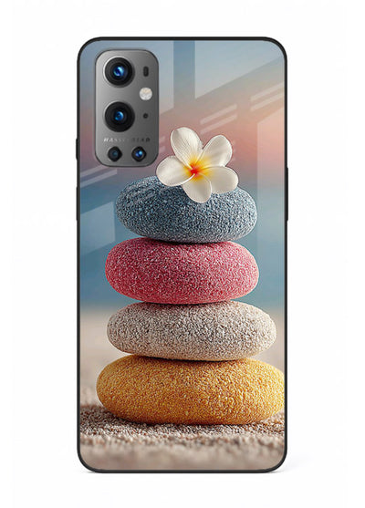 Zen stone botanical artwork on OnePlus 9 glass back cover with calming minimal tones.