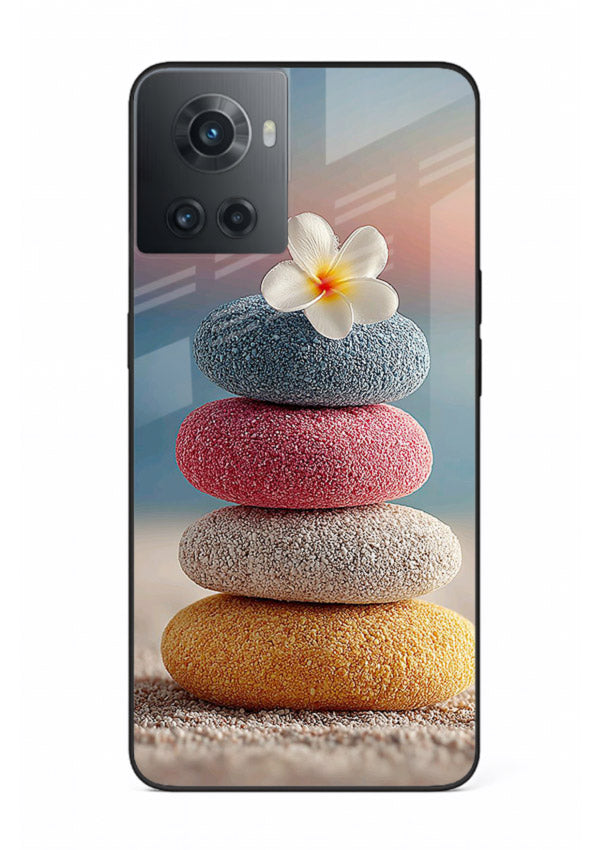Zen stone botanical artwork on OnePlus 7T glass back cover with calming minimal tones.