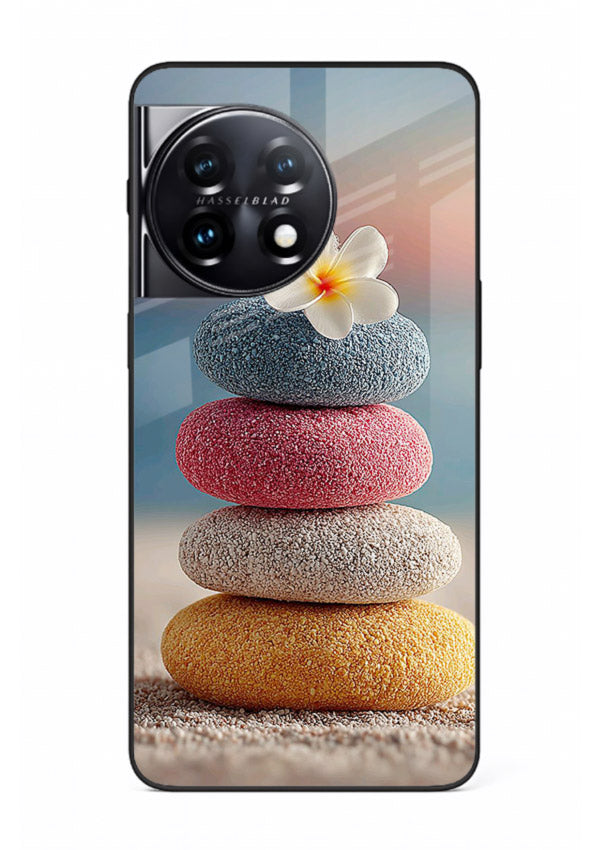 Zen stone botanical artwork on OnePlus 8T glass back cover with calming minimal tones.