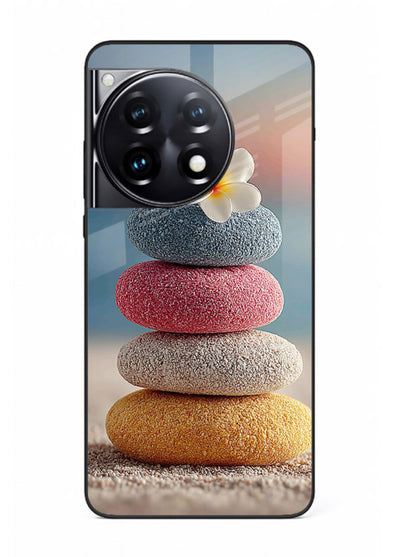 Zen stone botanical artwork on OnePlus 9 glass back cover with calming minimal tones.