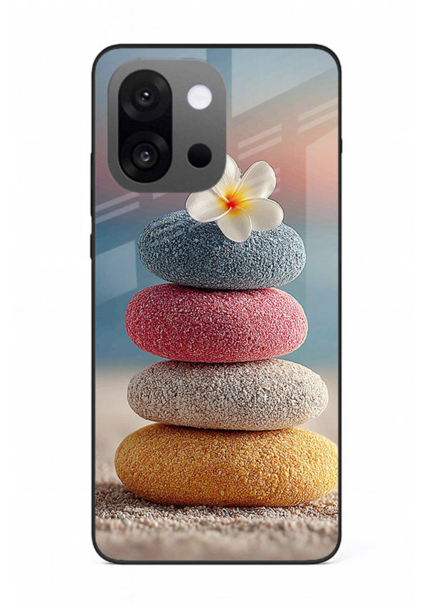 Zen stone botanical artwork on OnePlus 9RT glass back cover with calming minimal tones.