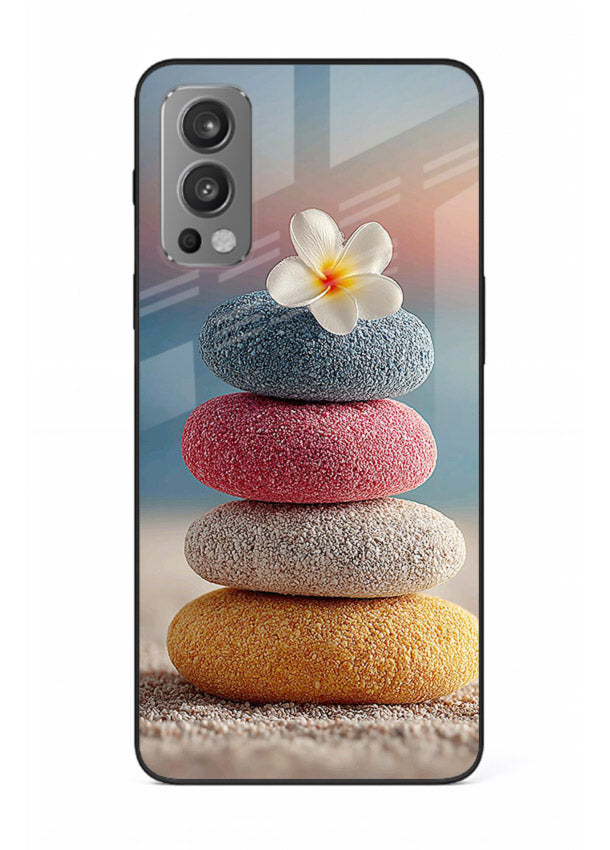 Zen stone botanical artwork on OnePlus Nord 2 glass back cover with calming minimal tones.