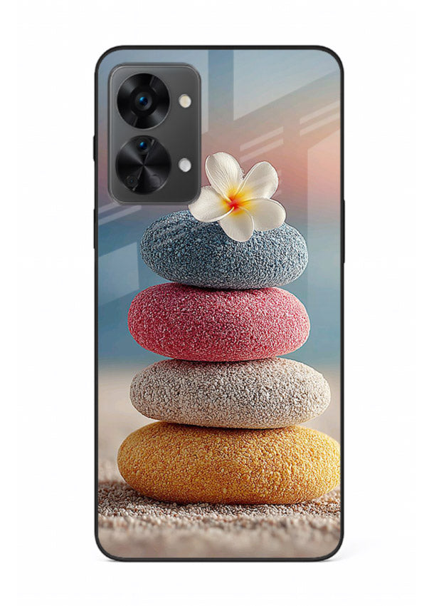 Zen stone botanical artwork on OnePlus Nord 2T glass back cover with calming minimal tones.