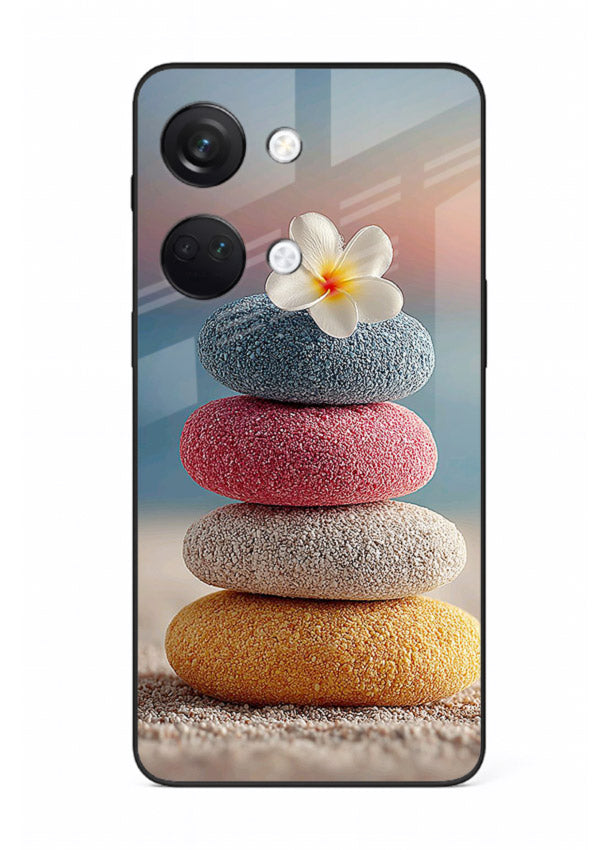 Zen stone botanical artwork on OnePlus Nord 3 glass back cover with calming minimal tones.