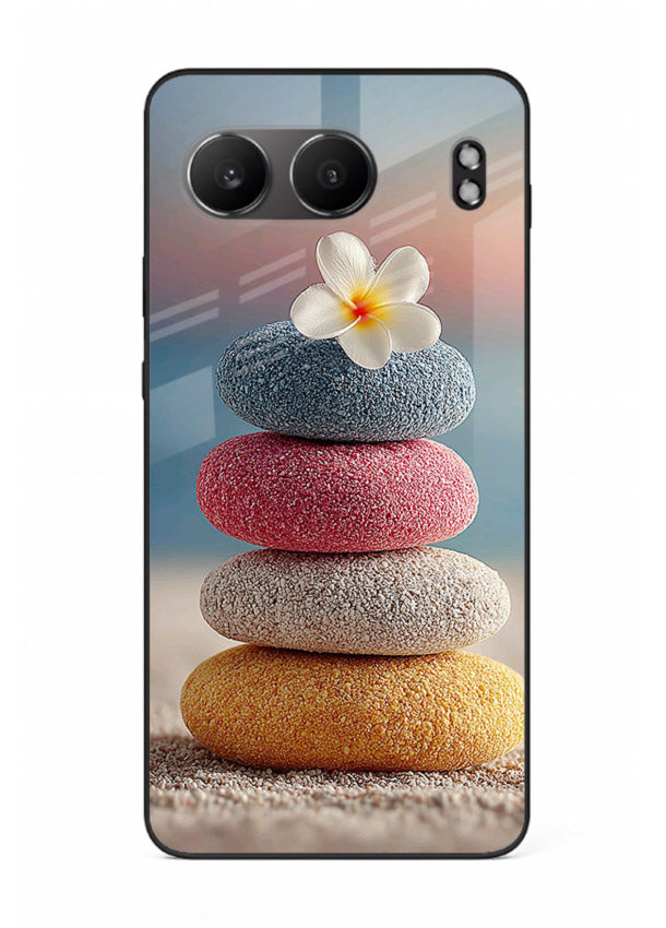 Zen stone botanical artwork on OnePlus Nord 4 glass back cover with calming minimal tones.