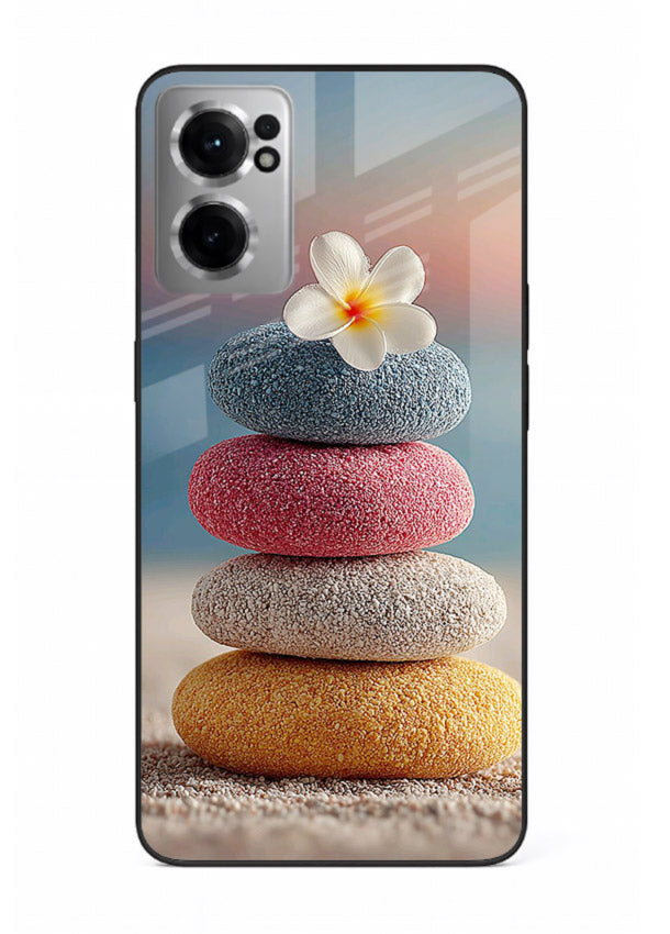 Zen stone botanical artwork on OnePlus Nord CE2 5G glass back cover with calming minimal tones.