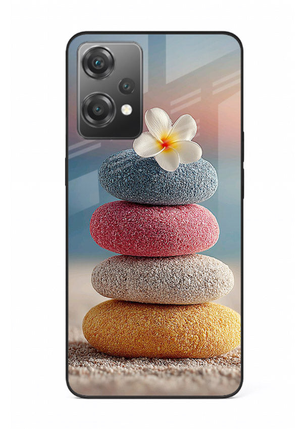 Zen stone botanical artwork on OnePlus Nord CE2 Lite 5G glass back cover with calming minimal tones.