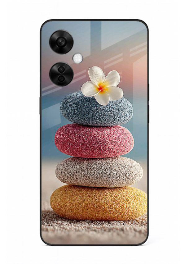 Zen stone botanical artwork on OnePlus Nord CE3 Lite glass back cover with calming minimal tones.