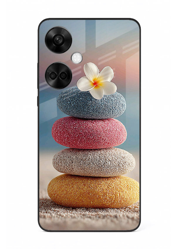Zen stone botanical artwork on OnePlus Nord CE3 glass back cover with calming minimal tones.