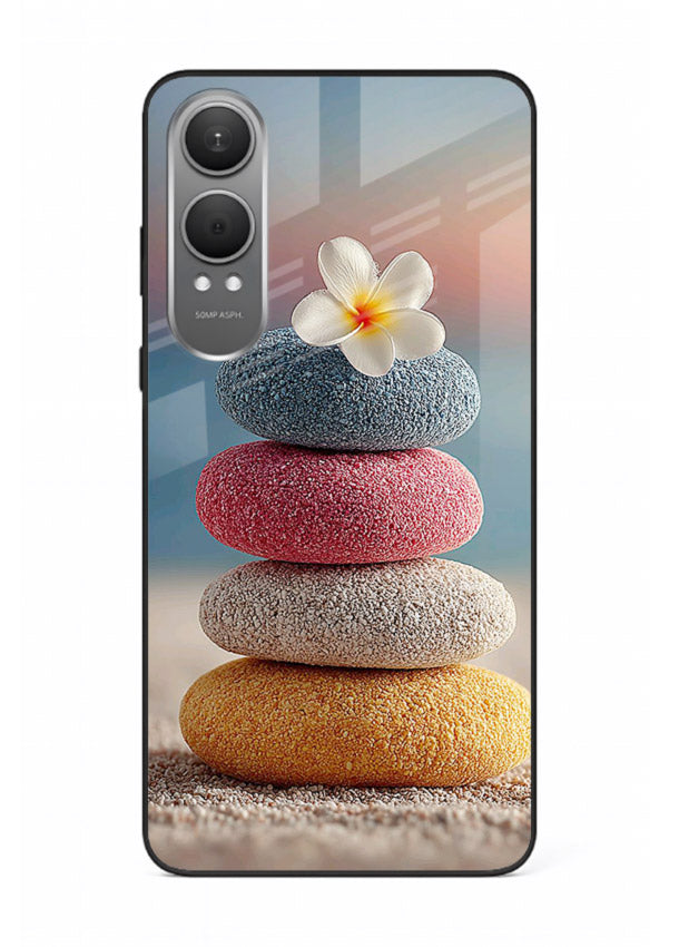 Zen stone botanical artwork on OnePlus Nord CE4 Lite glass back cover with calming minimal tones.