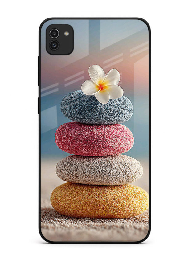 Zen stone botanical artwork on Samsung A03 glass back cover with calming minimal tones.