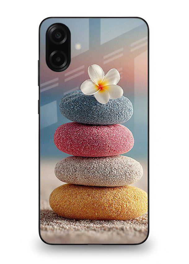 Zen stone botanical artwork on Samsung A06 5G glass back cover with calming minimal tones.