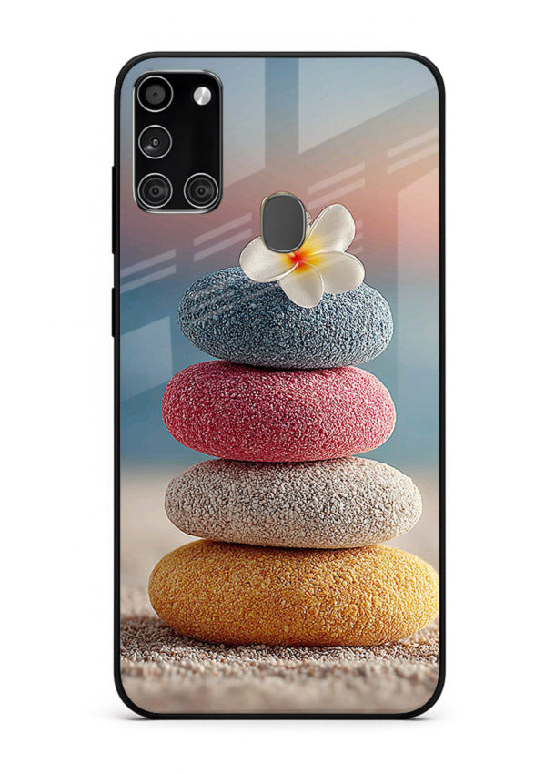 Zen stone botanical artwork on Samsung A21s glass back cover with calming minimal tones.