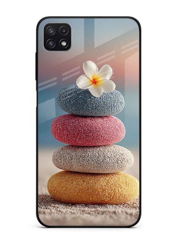 Zen stone botanical artwork on Samsung F42 5G glass back cover with calming minimal tones.