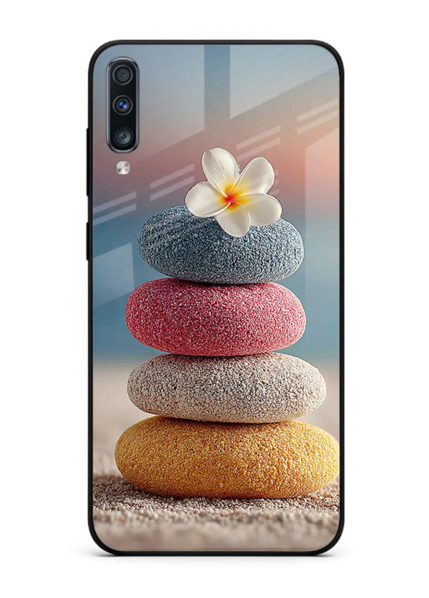 Zen stone botanical artwork on Samsung A70 glass back cover with calming minimal tones.