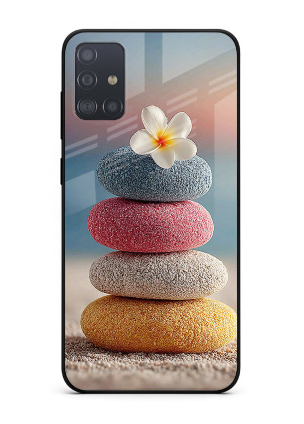 Zen stone botanical artwork on Samsung A71 glass back cover with calming minimal tones.