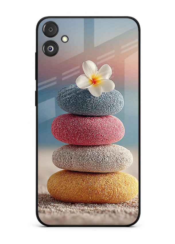 Zen stone botanical artwork on Samsung F05 5G glass back cover with calming minimal tones.