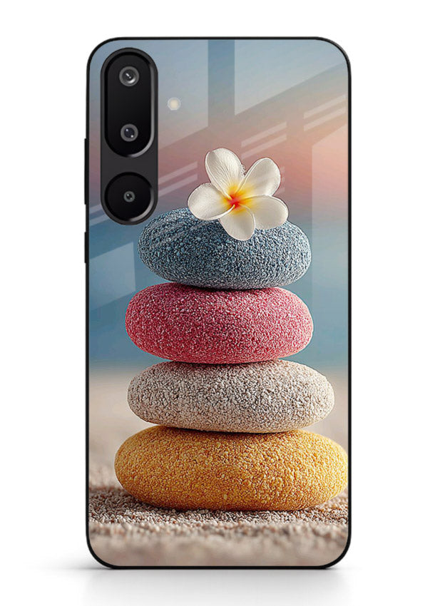 Zen stone botanical artwork on Samsung M16 5G glass back cover with calming minimal tones.