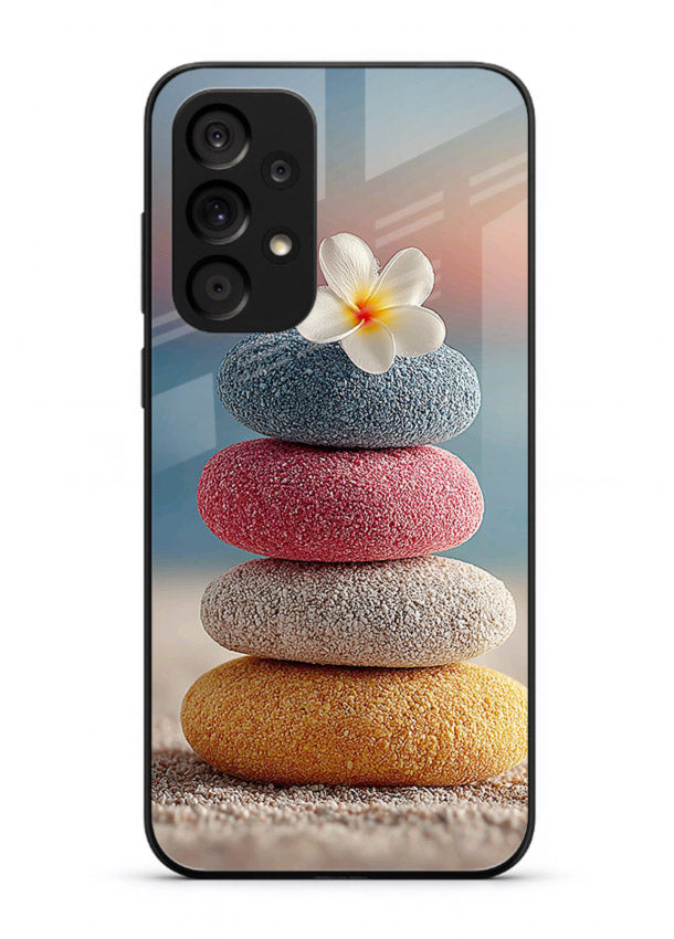 Zen stone botanical artwork on Samsung A33 5G glass back cover with calming minimal tones.