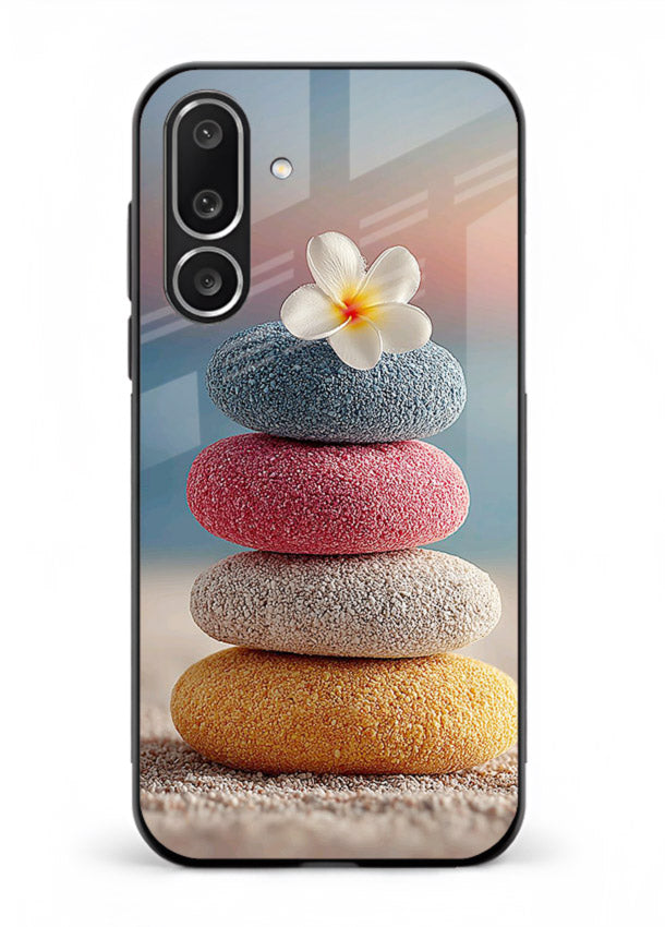 Zen stone botanical artwork on Samsung F56 5G glass back cover with calming minimal tones.