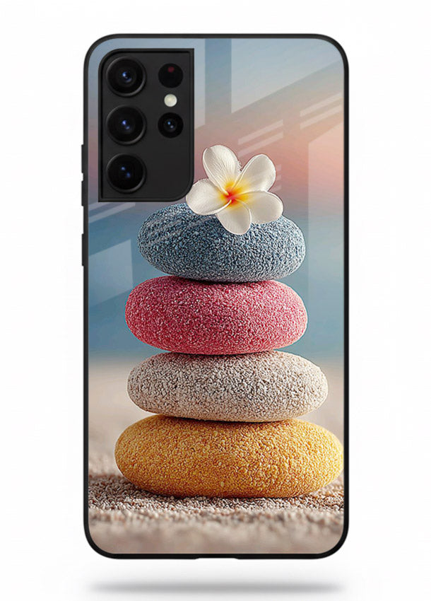 Zen stone botanical artwork on Samsung S21 Ultra glass back cover with calming minimal tones.
