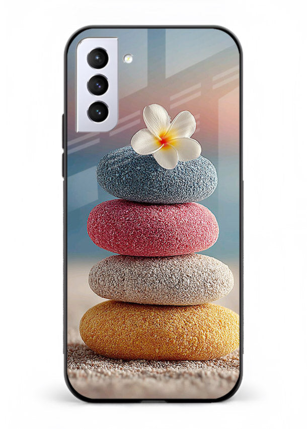 Zen stone botanical artwork on Samsung S21 Plus glass back cover with calming minimal tones.