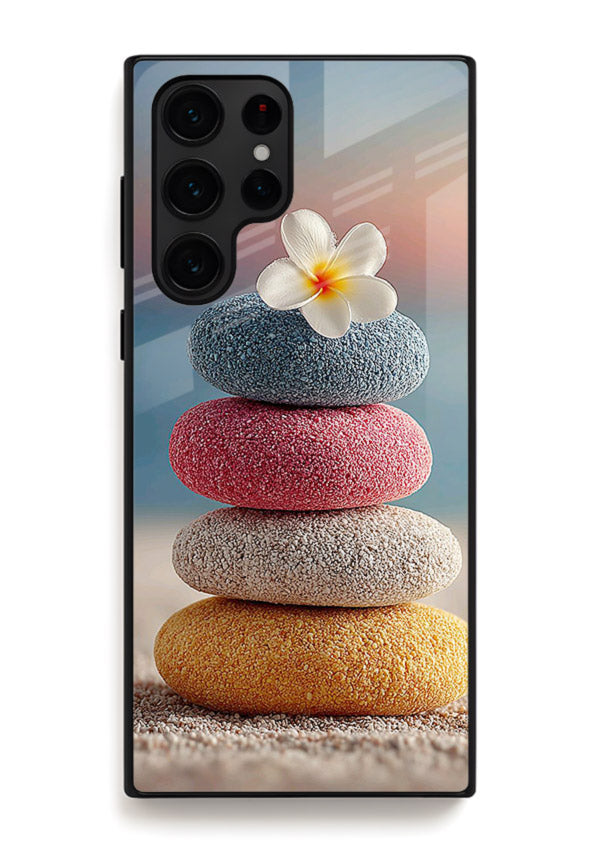 Zen stone botanical artwork on Samsung S24 Ultra glass back cover with calming minimal tones.