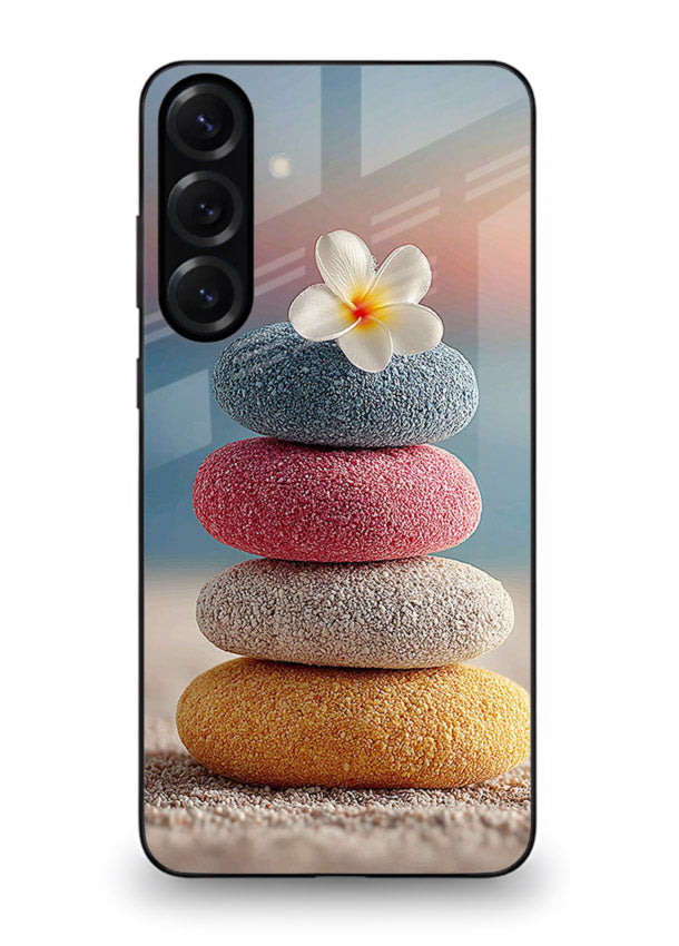 Zen stone botanical artwork on Samsung M54 5G glass back cover with calming minimal tones.
