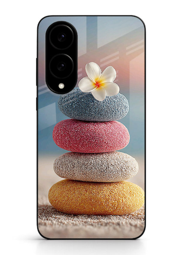 Zen stone botanical artwork on Samsung S25 Edge glass back cover with calming minimal tones.
