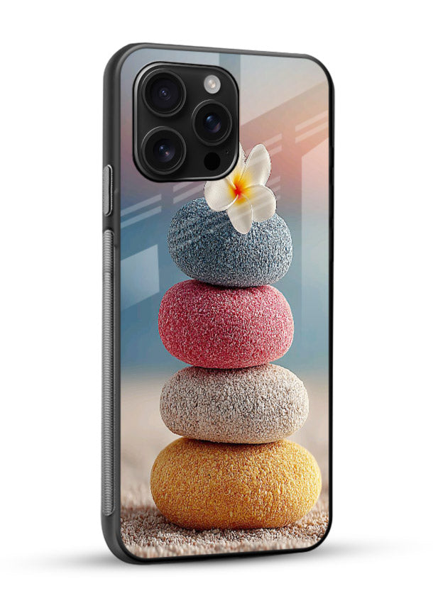 Zen stone botanical artwork on glossy vibrant premium glass back cover with calming minimal tones. - Angle Side