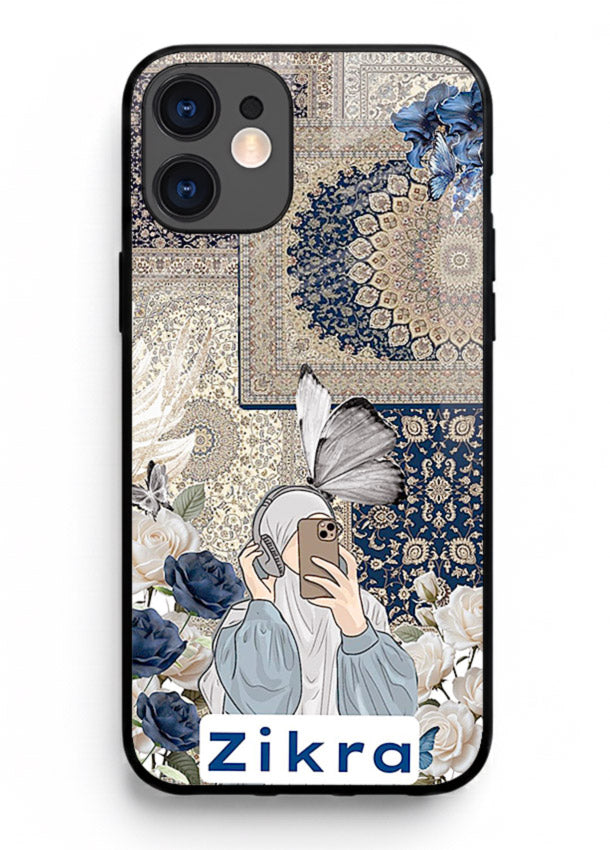 Blue floral collage artwork printed on premium tempered glass iPhone 12 back cover