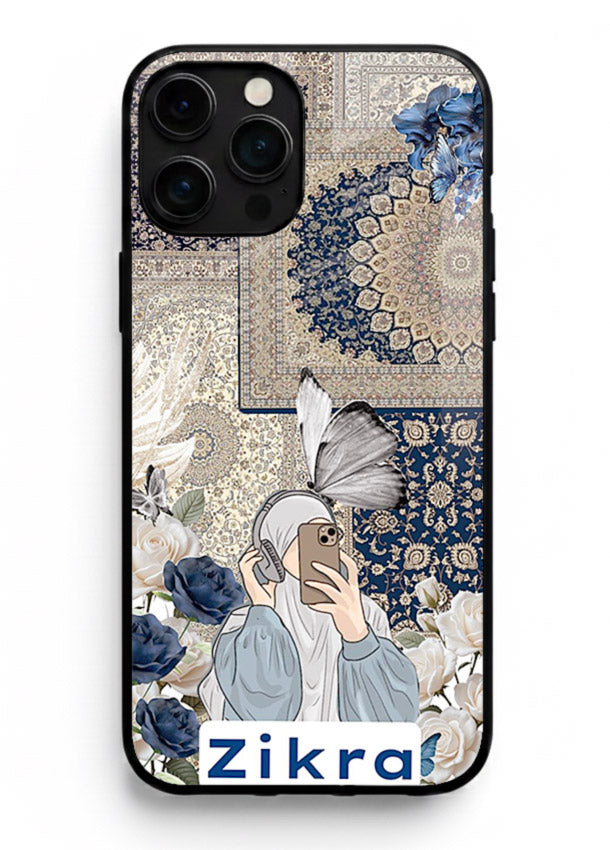 Blue floral collage artwork printed on premium tempered glass iPhone 13 Pro Max back cover