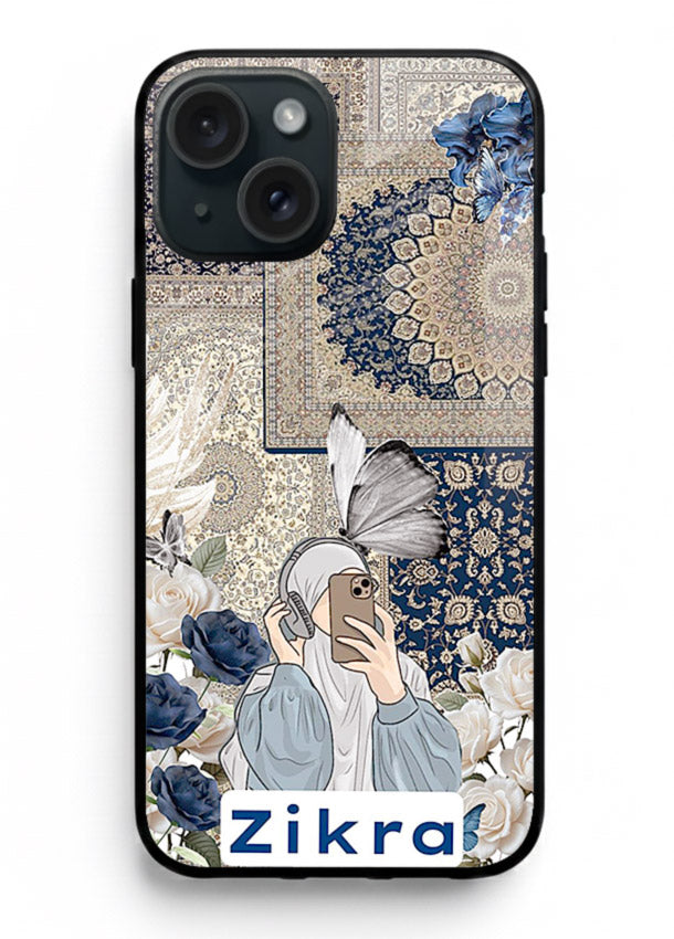Blue floral collage artwork printed on premium tempered glass iPhone 15 back cover